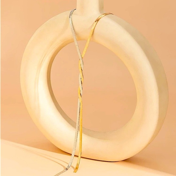 Y Lariat Twisted Two Tone Tassel Herringbone Flat Snake Statement Chain Necklace - Picture 4 of 7